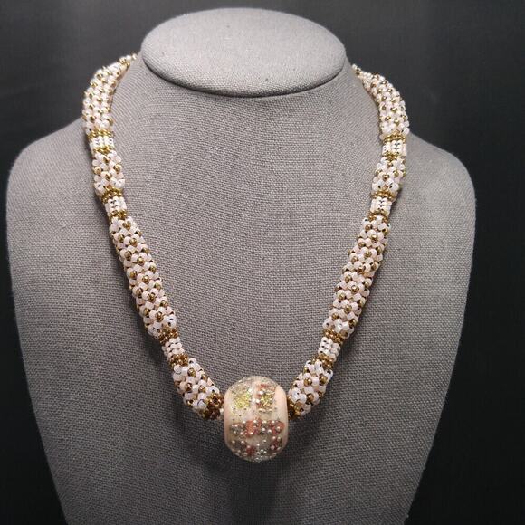 Artisan Woven Glass Beaded Necklace, Opalescent Pink Gold Glass Beads, 20 Inches - Picture 1 of 12